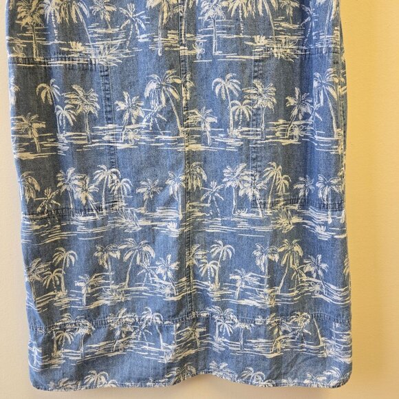 Women's L Blue Sleeveless Palm Tree Print Denim Chambray Shift Dress Jumper - Picture 8 of 11